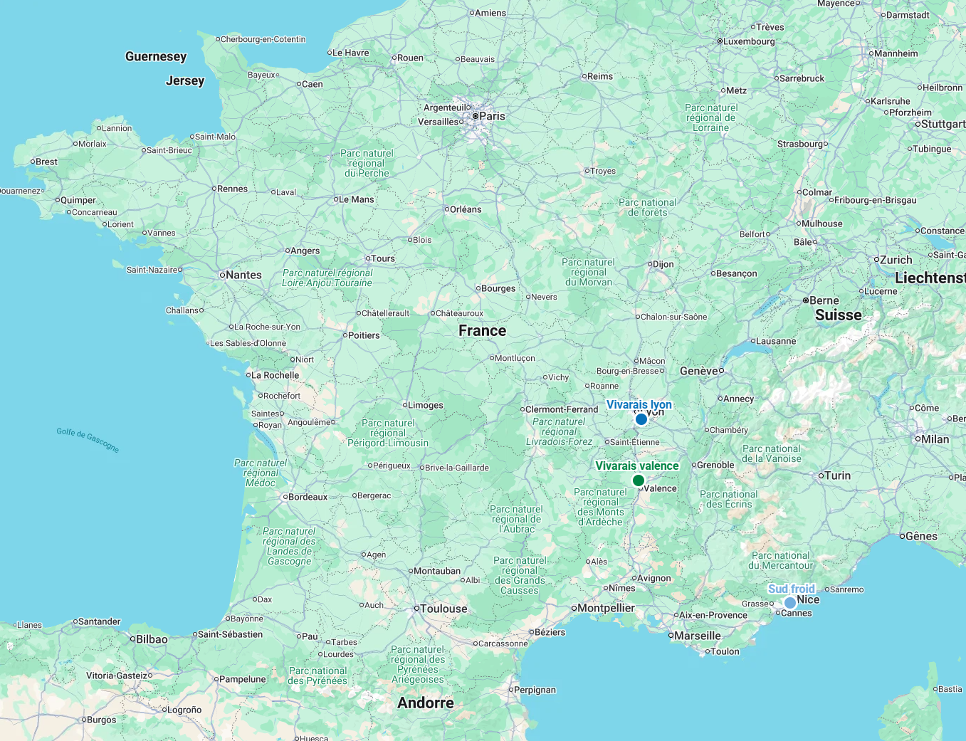 Carte des trois implantations des Transports du Vivarais : Valence, Lyon et Nice